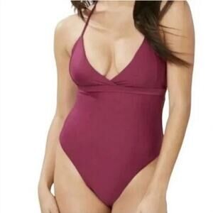 Andie Swim The Lagos One Piece Swimsuit Tie Back Halter Plum L NWT